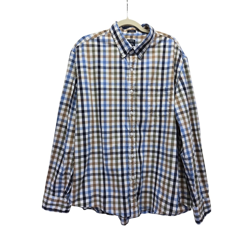 J.Crew XXL Classic Flex Washed Plaid Button Down Shirt Blue Brown Multi Cotton